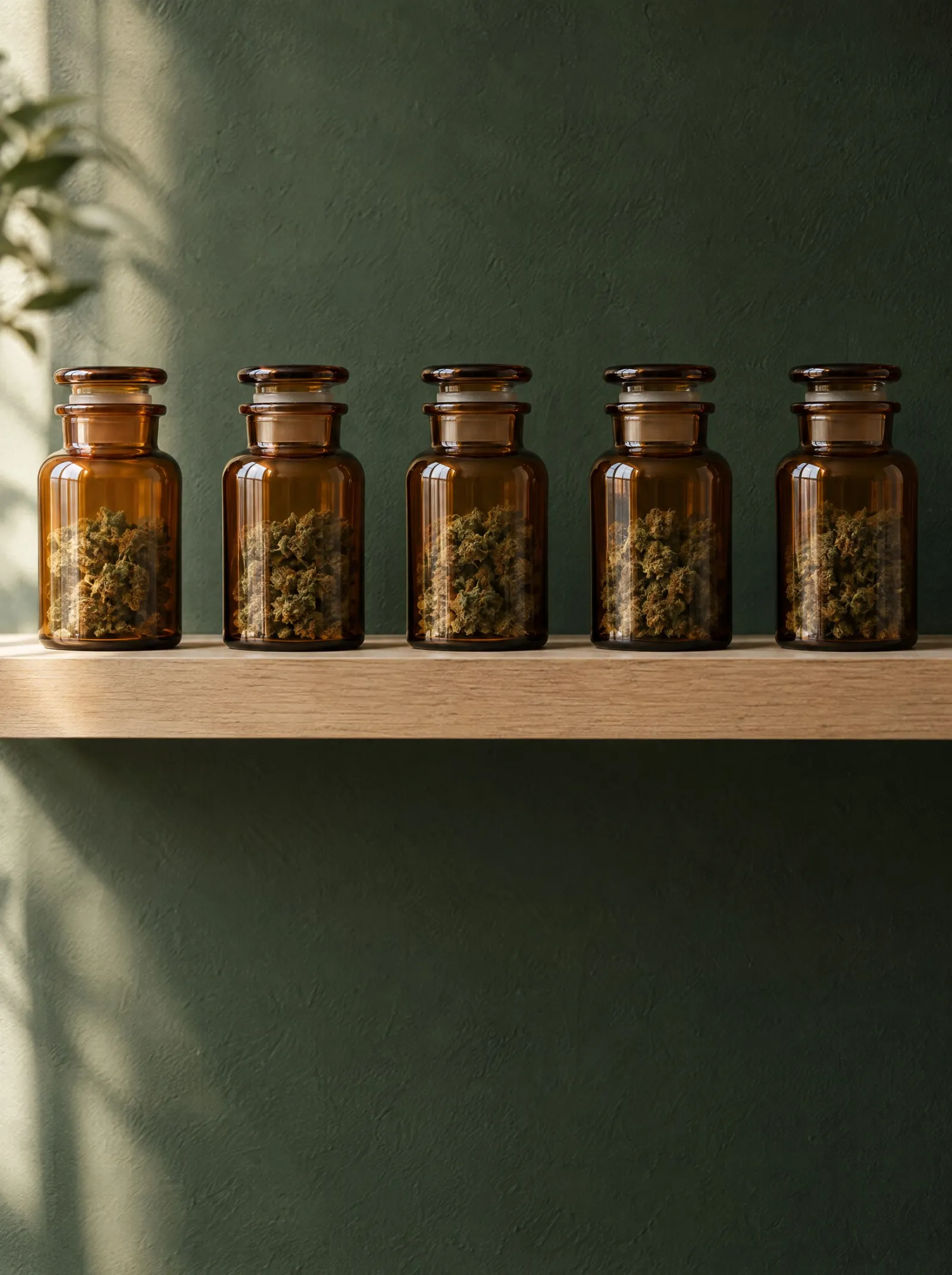Fünf gleiche Apothekergläser aus Braunglas mit getrockneten Hanfblüten stehen in einer Reihe auf einem Eichenregal vor einer dunkelgrünen Wand